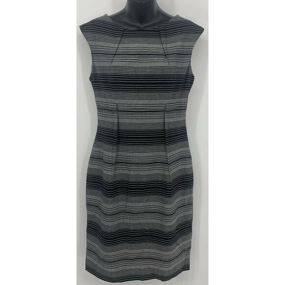 Calvin Klein Dress Size 8 Black Stripe Sheath Scoop Pleat Cap Sleeve Stretch B58 - Picture 1 of 8